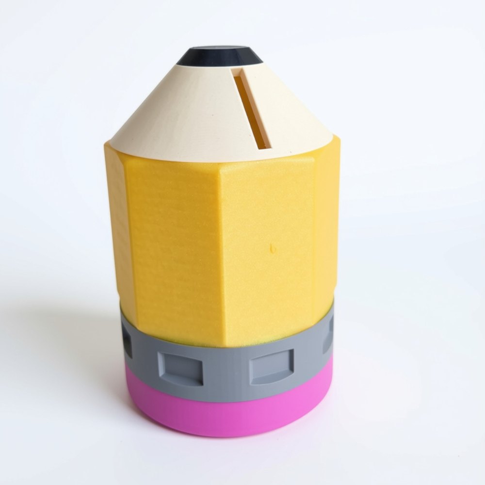 Pencil-shaped piggy bank in yellow with a pink eraser
